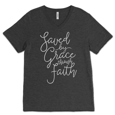 Saved By Grace Through Faith Script V-Neck Tee